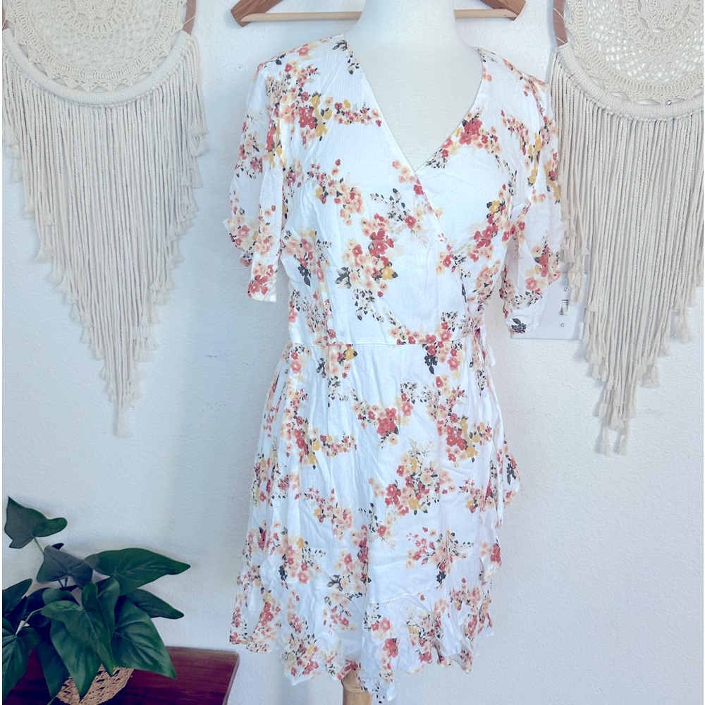 Abercrombie & Fitch white and orange boho floral mini wrap dress XL